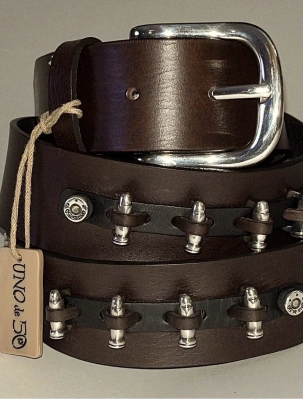 UNO de 50 Dark Brown Leather Studded Men's Belt with Silver Hardware